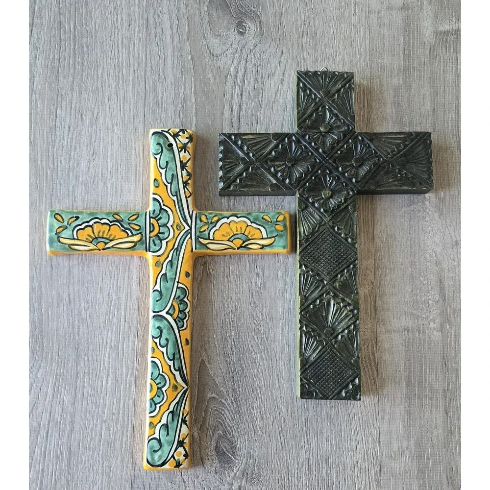 2 - Large Cross Mexico Ceramic Pottery & Green Carved Wood Art